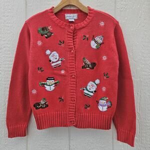 VTG Ugly Christmas Sweater Cardigan Kids M 10/12 Red Snowmen Santa Button Dog